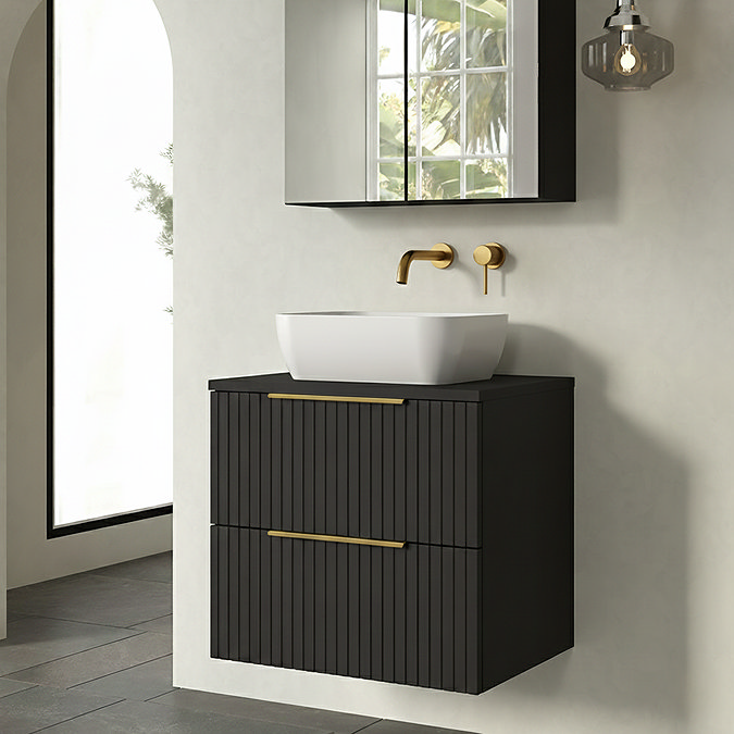 Milan Fluted Soft Black 600mm Wall Hung 2-Drawer Countertop Vanity Unit with Brushed Brass Handles