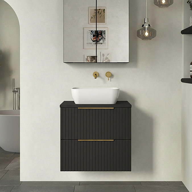 Milan Fluted Soft Black 600mm Wall Hung 2-Drawer Countertop Vanity Unit with Brushed Brass Handles
