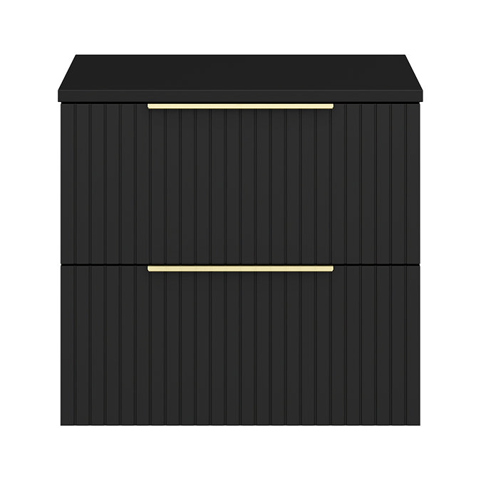 Milan Fluted Soft Black 600mm Wall Hung 2-Drawer Countertop Vanity Unit with Brushed Brass Handles