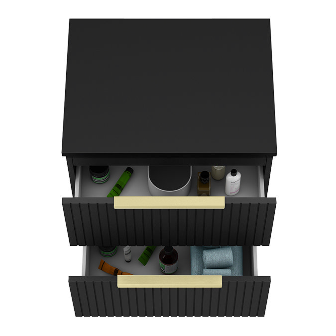 Milan Fluted Soft Black 600mm Wall Hung 2-Drawer Countertop Vanity Unit with Brushed Brass Handles