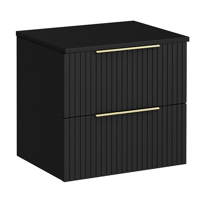 Milan Fluted Soft Black 600mm Wall Hung 2-Drawer Countertop Vanity Unit with Brushed Brass Handles