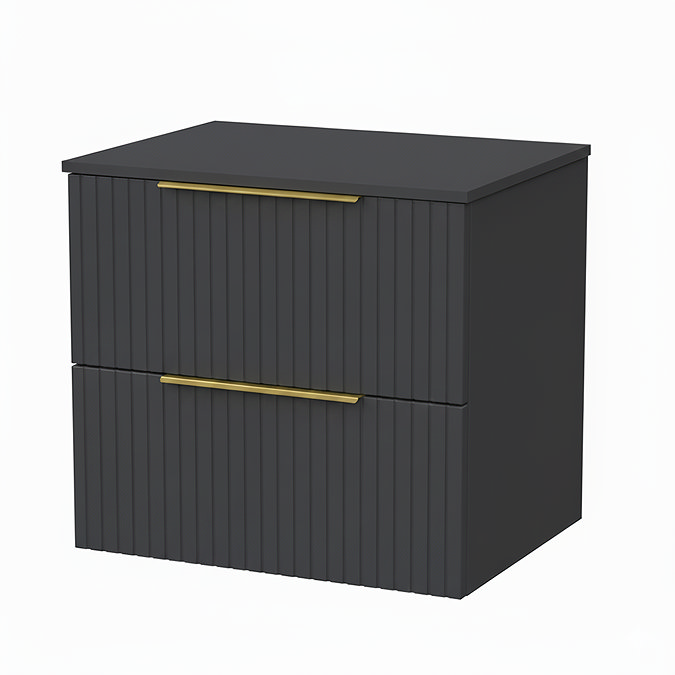 Milan Fluted Soft Black 600mm Wall Hung 2-Drawer Countertop Vanity Unit with Brushed Brass Handles