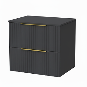 Milan Fluted Soft Black 600mm Wall Hung 2-Drawer Countertop Vanity Unit with Brushed Brass Handles