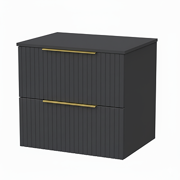 Milan Fluted Soft Black 600mm Wall Hung 2-Drawer Countertop Vanity Unit with Brushed Brass Handles