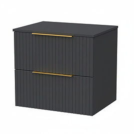 Milan Fluted Soft Black 600mm Wall Hung 2-Drawer Countertop Vanity Unit with Brushed Brass Handles