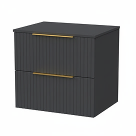 Milan Fluted Soft Black 600mm Wall Hung 2-Drawer Countertop Vanity Unit with Brushed Brass Handles