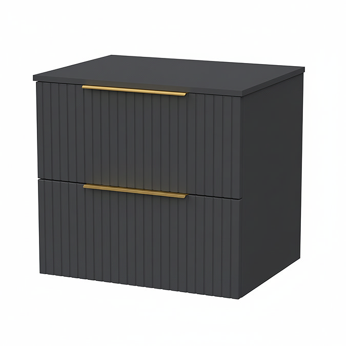 Milan Fluted Soft Black 600mm Wall Hung 2-Drawer Countertop Vanity Unit with Brushed Brass Handles