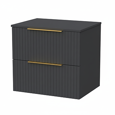 Milan Fluted Soft Black 600mm Wall Hung 2-Drawer Countertop Vanity Unit with Brushed Brass Handles