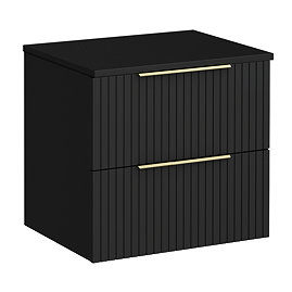 Milan Fluted Soft Black 600mm Wall Hung 2-Drawer Countertop Vanity Unit with Brushed Brass Handles