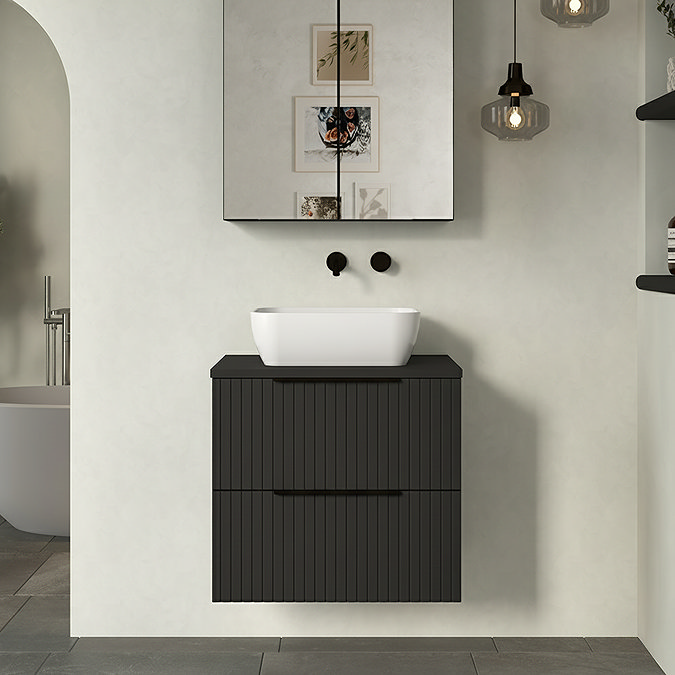 Milan Fluted Soft Black 600mm Wall Hung 2-Drawer Countertop Vanity Unit with Matt Black Handles