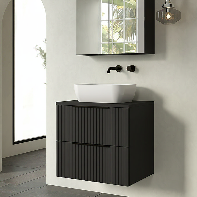Milan Fluted Soft Black 600mm Wall Hung 2-Drawer Countertop Vanity Unit with Matt Black Handles