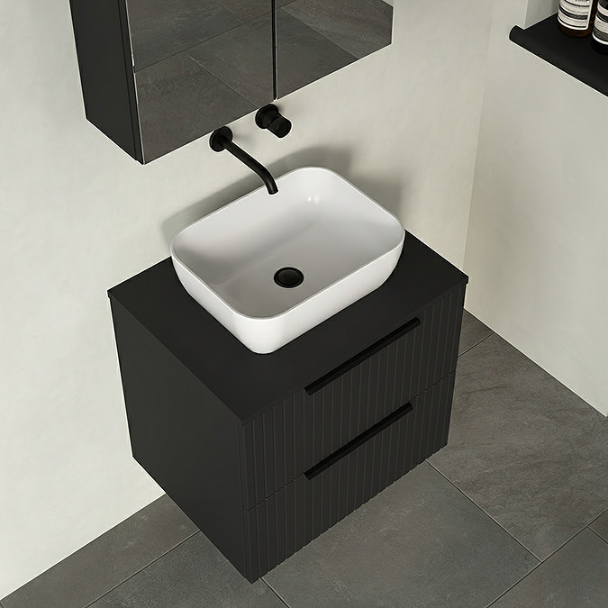 Milan Fluted Soft Black 600mm Wall Hung 2-Drawer Countertop Vanity Unit with Matt Black Handles