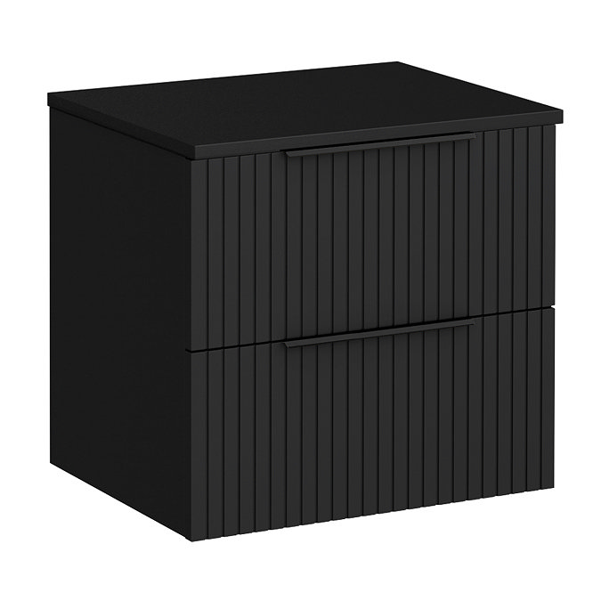 Milan Fluted Soft Black 600mm Wall Hung 2-Drawer Countertop Vanity Unit with Matt Black Handles