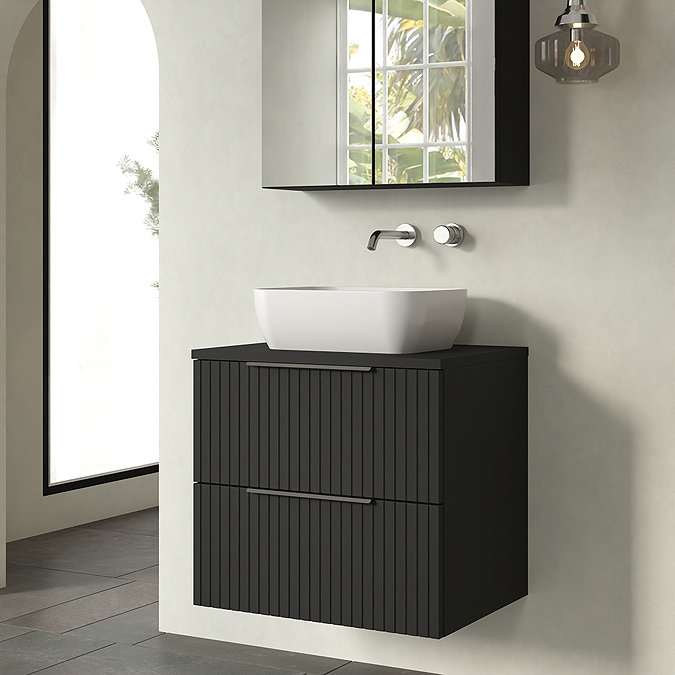 Milan Fluted Soft Black 600mm Wall Hung 2-Drawer Countertop Vanity Unit