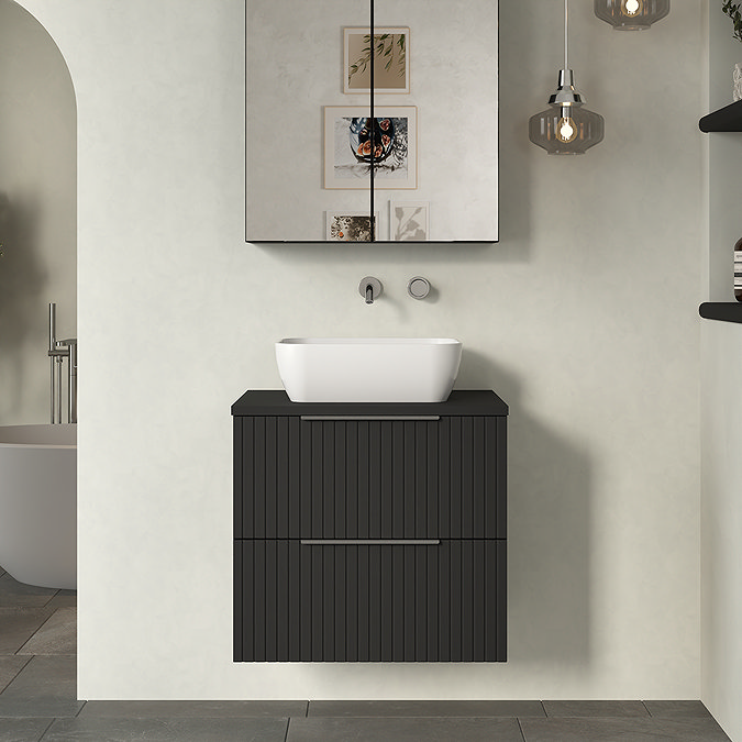 Milan Fluted Soft Black 600mm Wall Hung 2-Drawer Countertop Vanity Unit