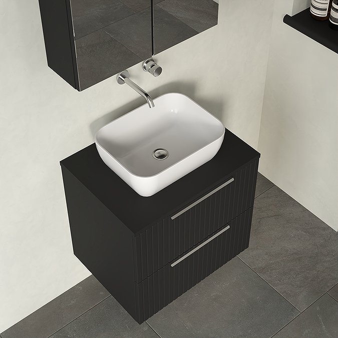 Milan Fluted Soft Black 600mm Wall Hung 2-Drawer Countertop Vanity Unit