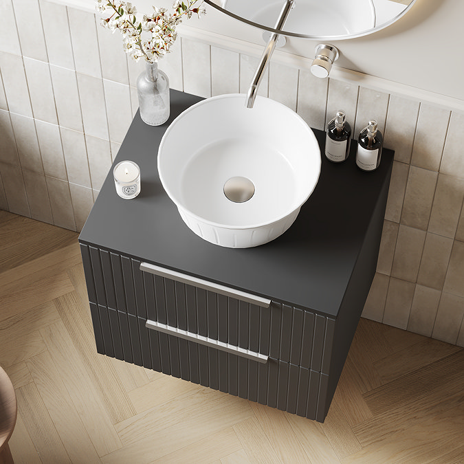 Milan Fluted Soft Black 600mm Wall Hung 2-Drawer Countertop Vanity Unit