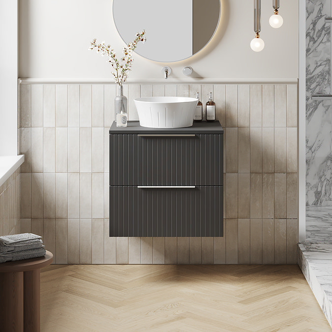 Milan Fluted Soft Black 600mm Wall Hung 2-Drawer Countertop Vanity Unit