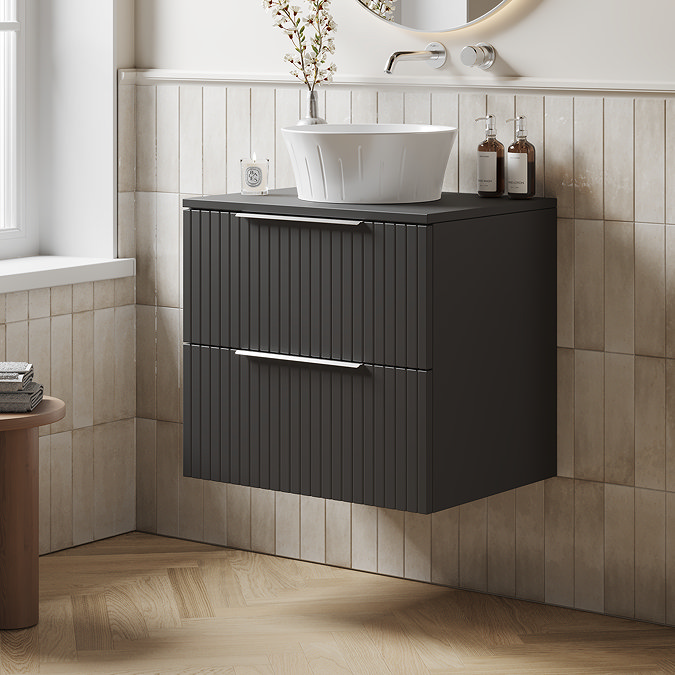 Milan Fluted Soft Black 600mm Wall Hung 2-Drawer Countertop Vanity Unit