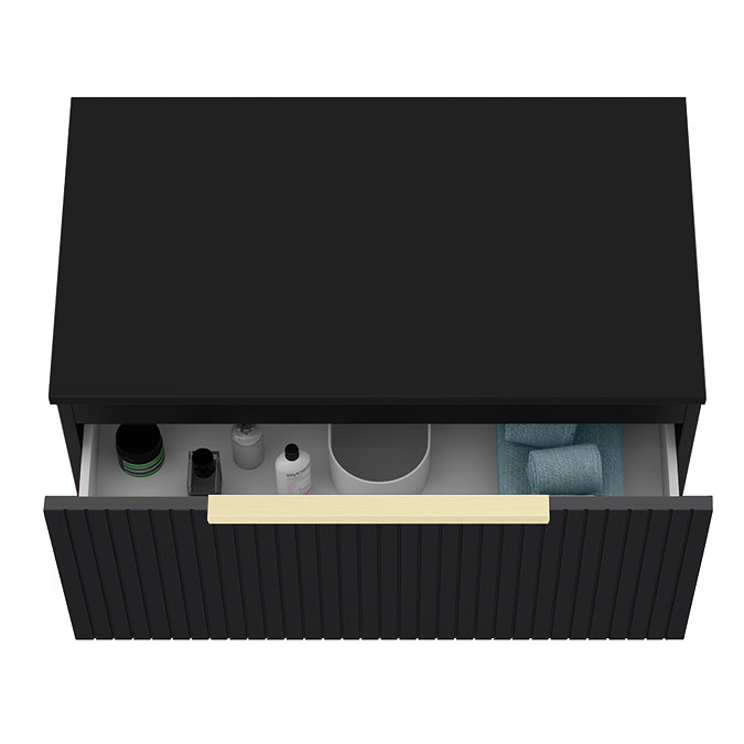 Milan Fluted Soft Black 800mm Wall Hung 1-Drawer Countertop Vanity Unit with Brushed Brass Handle