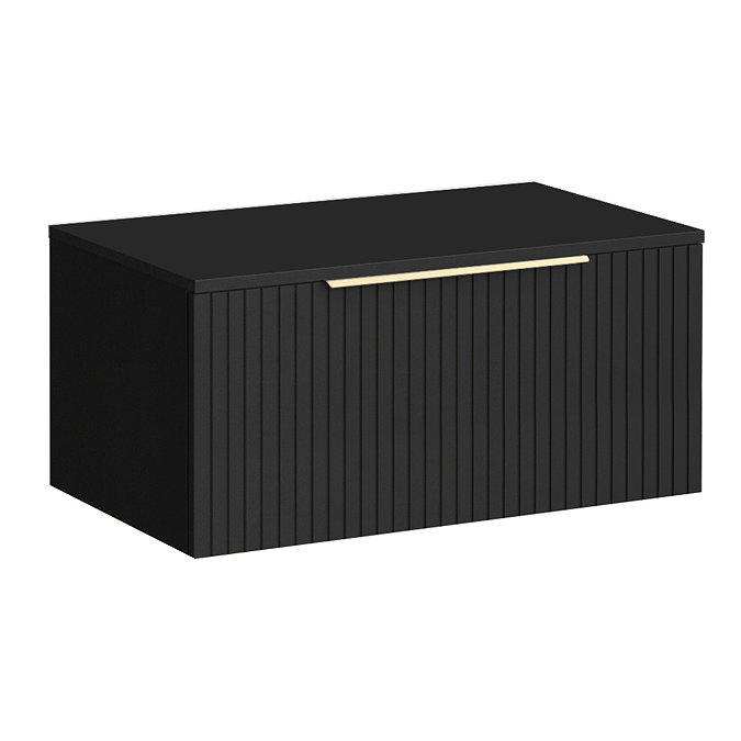 Milan Fluted Soft Black 800mm Wall Hung 1-Drawer Countertop Vanity Unit with Brushed Brass Handle