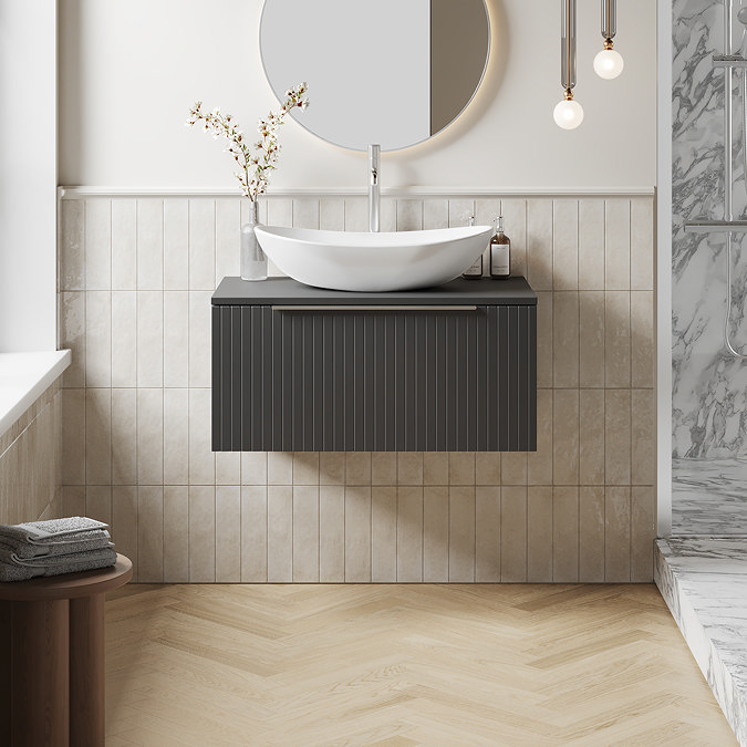 Milan Fluted Soft Black 800mm Wall Hung 1-Drawer Countertop Vanity Unit with Chrome Handle