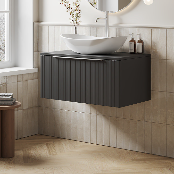 Milan Fluted Soft Black 800mm Wall Hung 1-Drawer Countertop Vanity Unit with Chrome Handle