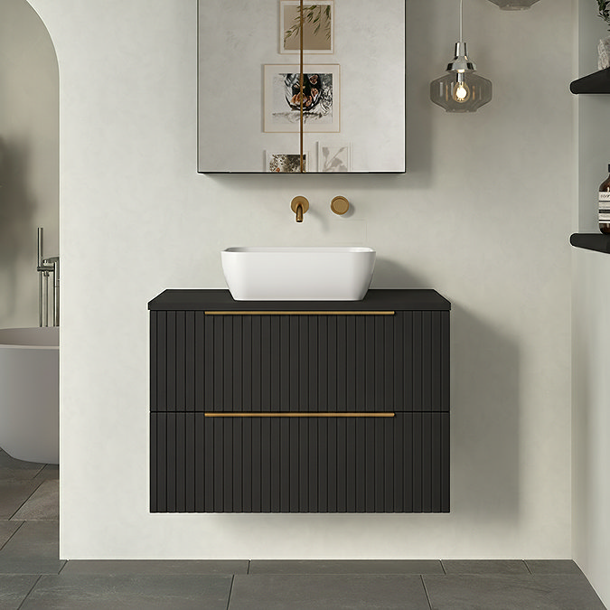 Milan Fluted Soft Black 800mm Wall Hung 2-Drawer Countertop Vanity Unit with Brushed Brass Handles