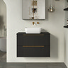 Milan Fluted Soft Black 800mm Wall Hung 2-Drawer Countertop Vanity Unit with Brushed Brass Handles