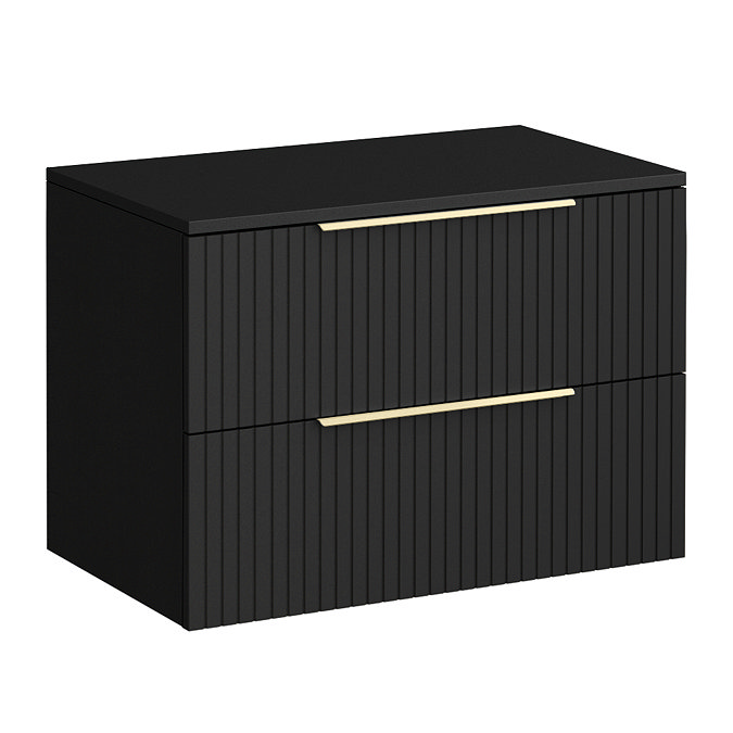 Milan Fluted Soft Black 800mm Wall Hung 2-Drawer Countertop Vanity Unit with Brushed Brass Handles