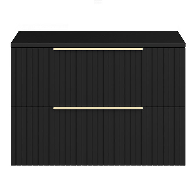 Milan Fluted Soft Black 800mm Wall Hung 2-Drawer Countertop Vanity Unit with Brushed Brass Handles