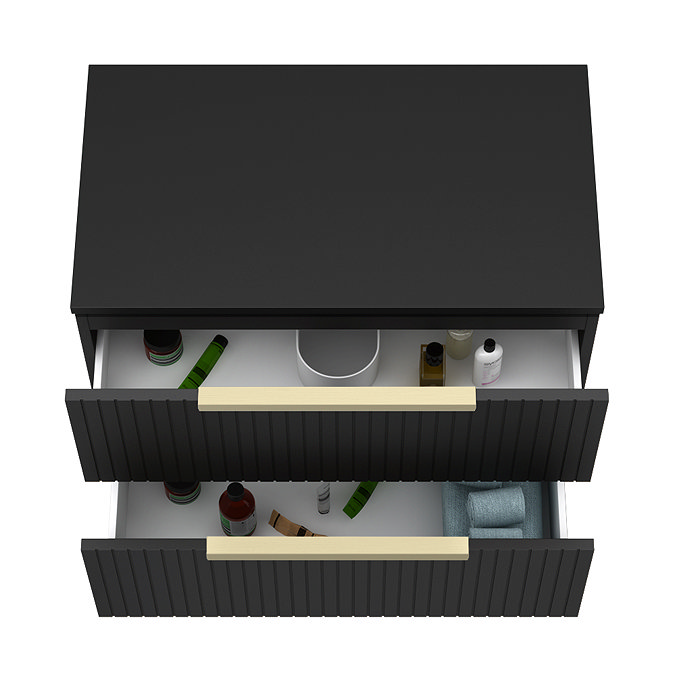 Milan Fluted Soft Black 800mm Wall Hung 2-Drawer Countertop Vanity Unit with Brushed Brass Handles
