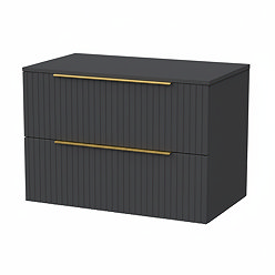 Milan Fluted Soft Black 800mm Wall Hung 2-Drawer Countertop Vanity Unit with Brushed Brass Handles