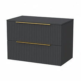 Milan Fluted Soft Black 800mm Wall Hung 2-Drawer Countertop Vanity Unit with Brushed Brass Handles