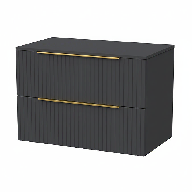 Milan Fluted Soft Black 800mm Wall Hung 2-Drawer Countertop Vanity Unit with Brushed Brass Handles