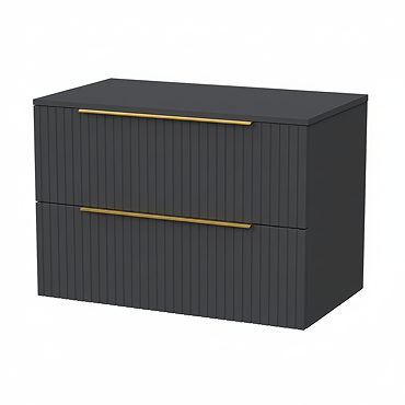 Milan Fluted Soft Black 800mm Wall Hung 2-Drawer Countertop Vanity Unit with Brushed Brass Handles