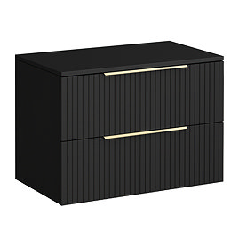 Milan Fluted Soft Black 800mm Wall Hung 2-Drawer Countertop Vanity Unit with Brushed Brass Handles