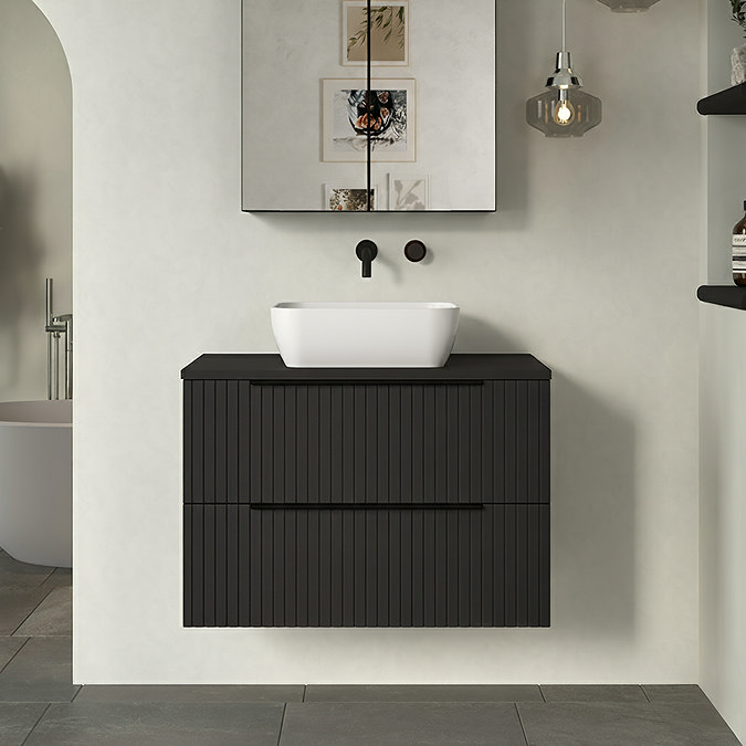 Milan Fluted Soft Black 800mm Wall Hung 2-Drawer Countertop Vanity Unit with Matt Black Handles