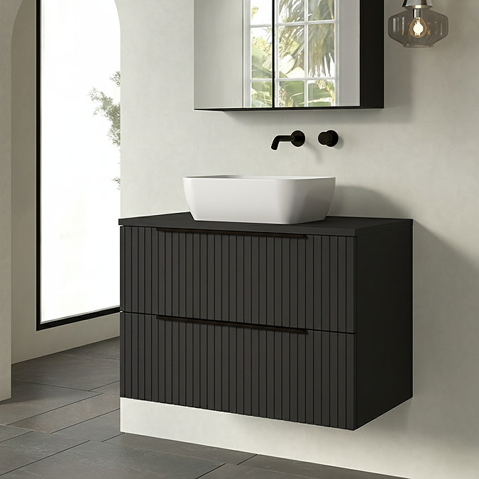 Milan Fluted Soft Black 800mm Wall Hung 2-Drawer Countertop Vanity Unit with Matt Black Handles