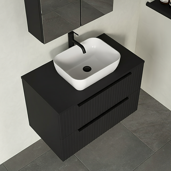 Milan Fluted Soft Black 800mm Wall Hung 2-Drawer Countertop Vanity Unit with Matt Black Handles
