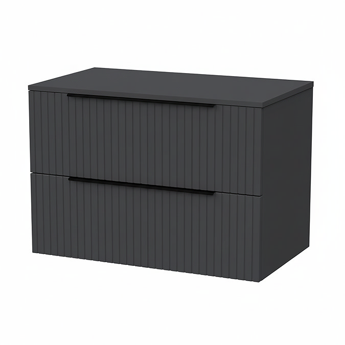 Milan Fluted Soft Black 800mm Wall Hung 2-Drawer Countertop Vanity Unit with Matt Black Handles