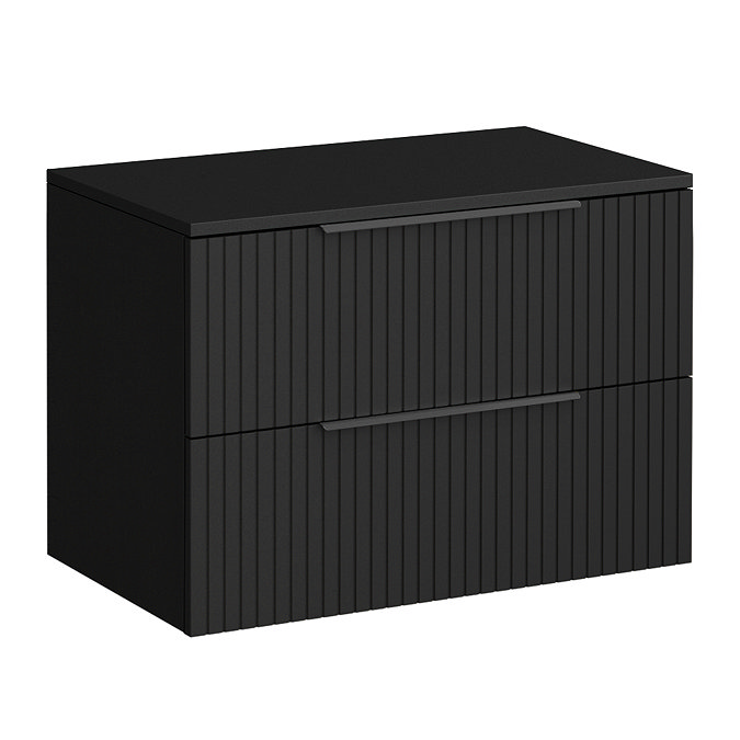 Milan Fluted Soft Black 800mm Wall Hung 2-Drawer Countertop Vanity Unit with Matt Black Handles