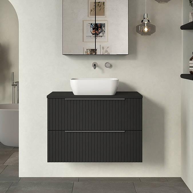 Milan Fluted Soft Black 800mm Wall Hung 2-Drawer Countertop Vanity Unit