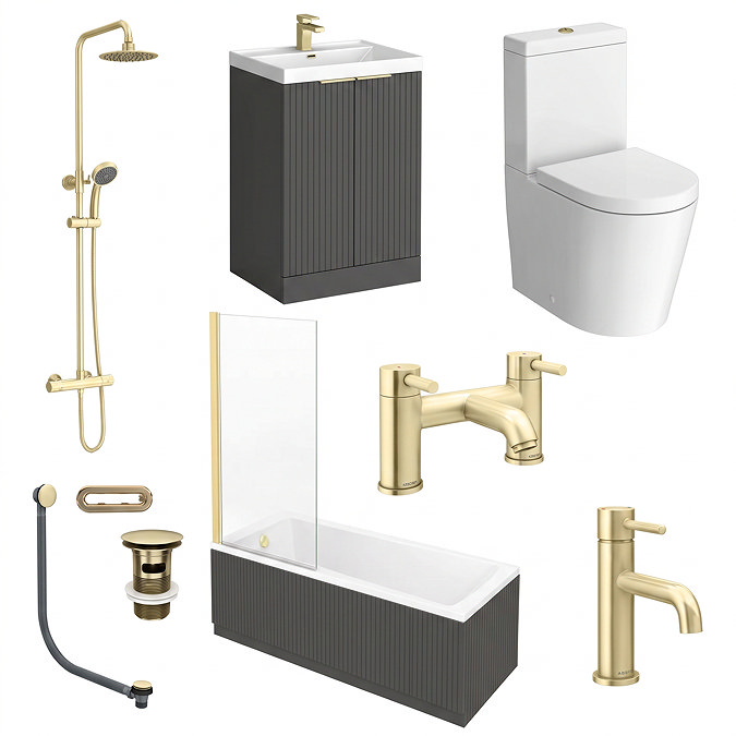Milan Fluted Soft Black & Brushed Brass Bathroom Suite with Bath Panels - Floor Standing Vanity