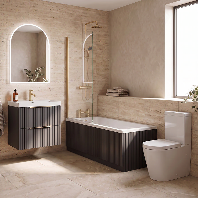 Milan Fluted Soft Black & Brushed Brass Bathroom Suite with Bath Panels - Wall Hung Vanity