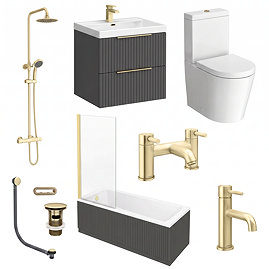 Milan Fluted Soft Black & Brushed Brass Bathroom Suite with Bath Panels - Wall Hung Vanity