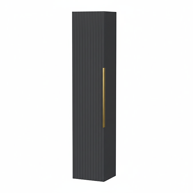 Milan Fluted Soft Black Wall Hung Tall Storage Unit with Brushed Brass Handle