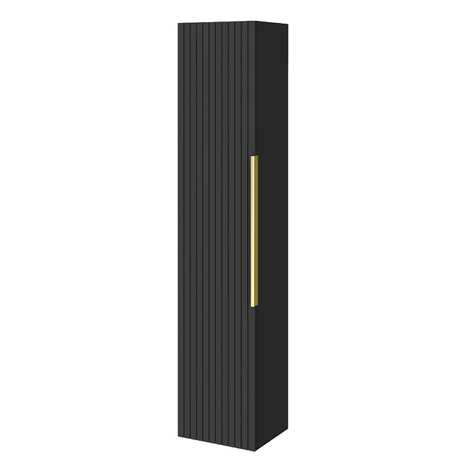 Milan Fluted Soft Black Wall Hung Tall Storage Unit with Brushed Brass Handle