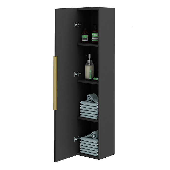 Milan Fluted Soft Black Wall Hung Tall Storage Unit with Brushed Brass Handle