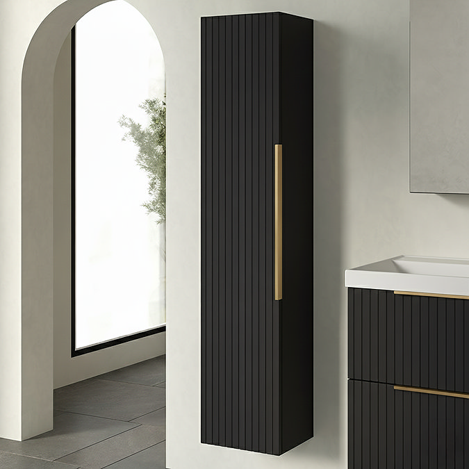 Milan Fluted Soft Black Wall Hung Tall Storage Unit with Brushed Brass Handle